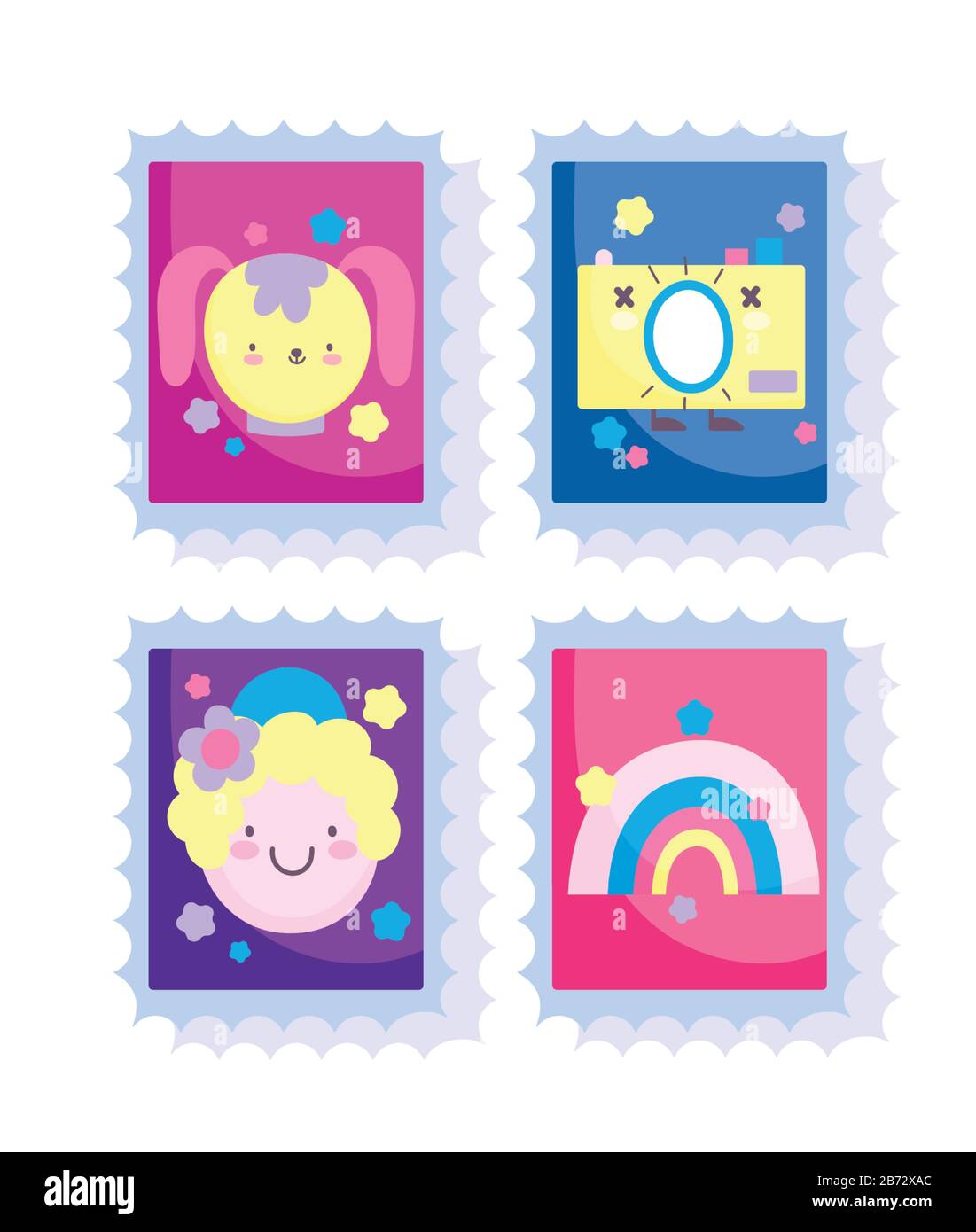 Niedliche Stempel, Cartoon-Junge-Hundekamera und Regenbogendekoration Symbole Vektor-Illustration Stock Vektor