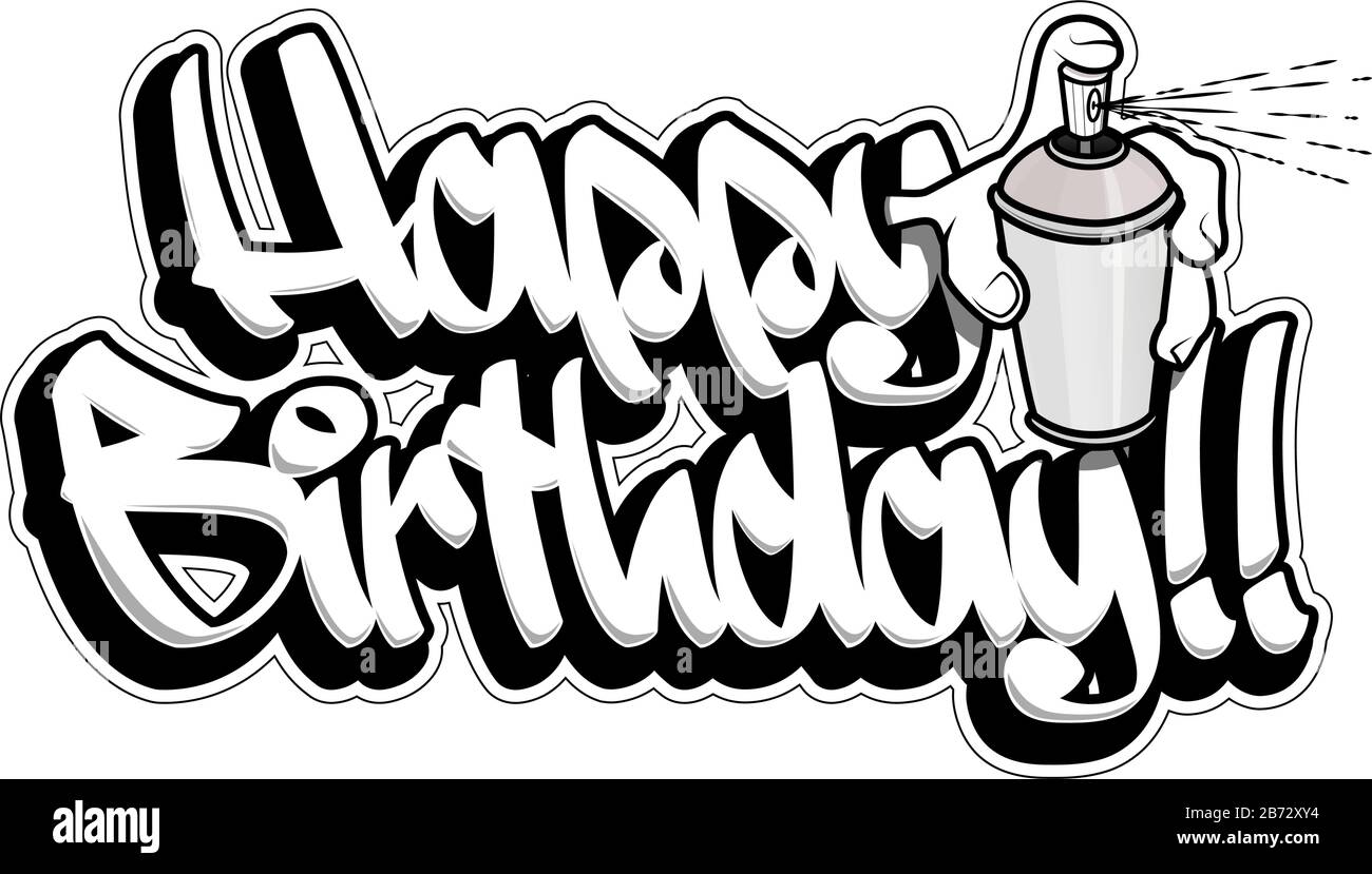 Glückwunschkarte zum Geburtstag. Lesbarer Graffiti-Text mit einer Hand, die ein Aerosol hält. Stock Vektor
