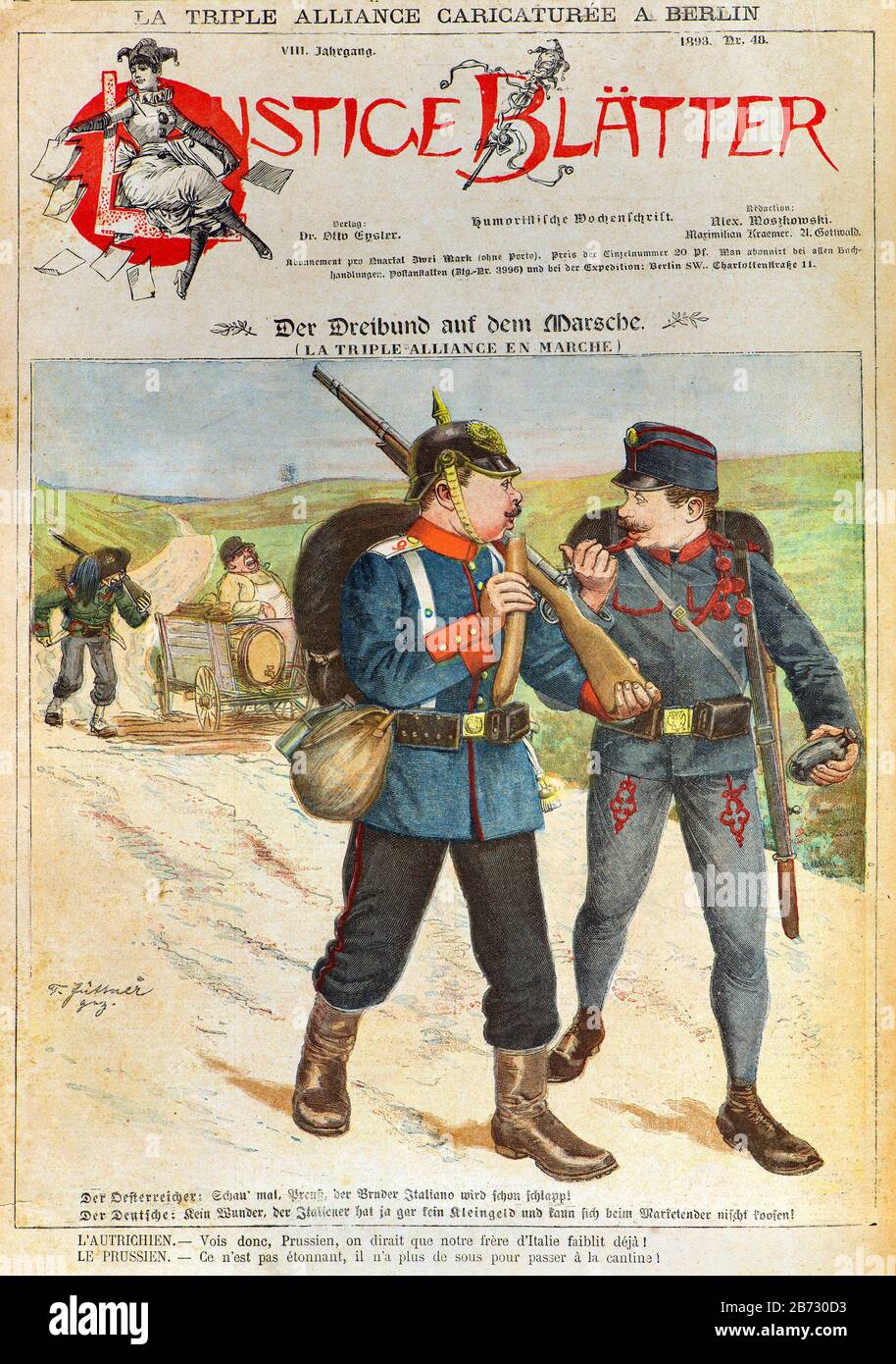Gravur - Die dreifache Allianzkarikatur in Berlin, Cover der Satirezeitung lustig Blatter 1893 - Privatsammlung Stockfoto