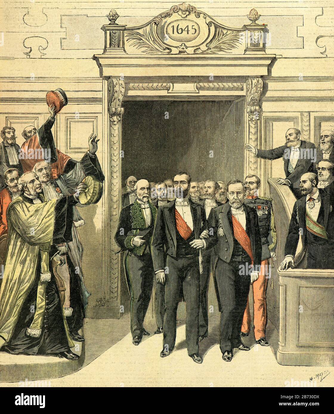 Meyer Henri (* um 1899 in Paris) - Der Präsident der französischen Republik Sadi Carnot in den Armen von Louis Pasteur an der Sorbonne anlässlich seines Jubiläums (70. Geburtstag) im Jahr 1893 - Privatsammlung Stockfoto
