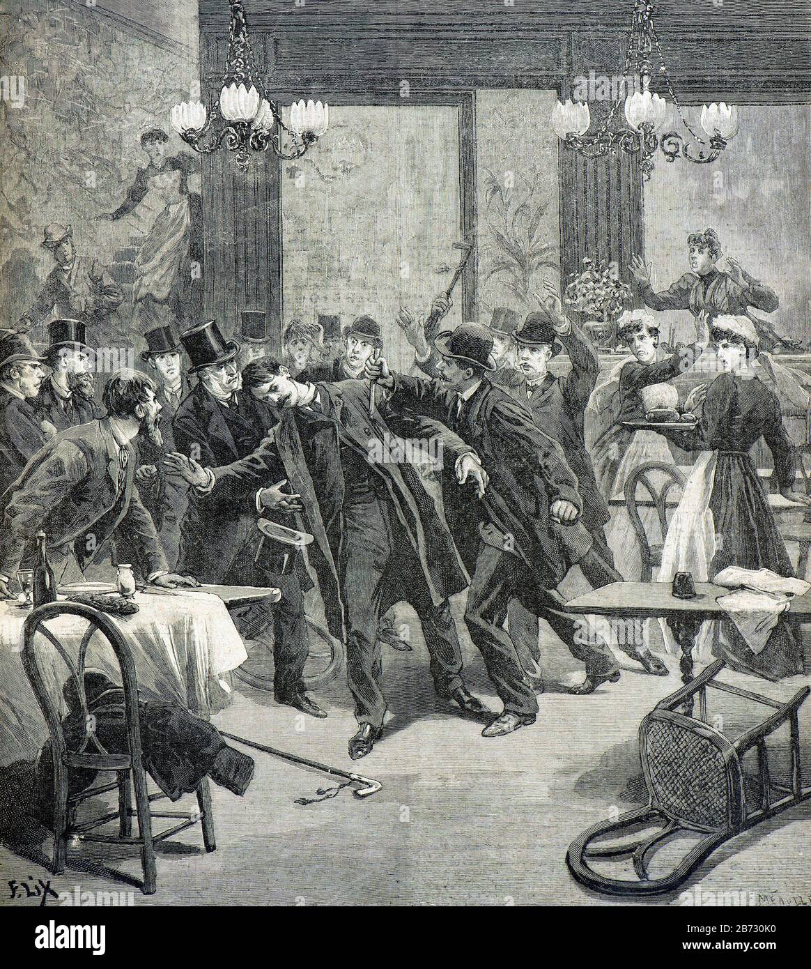 LIX Frederic (* um 1830; † 1897) - Angriff des Anarchisten Leauthier gegen den serbischen Botschafter Georgewitch im Restaurant Bouillon Duval Avenue de l'Opera in Paris 13. November 1893 - Privatsammlung Stockfoto