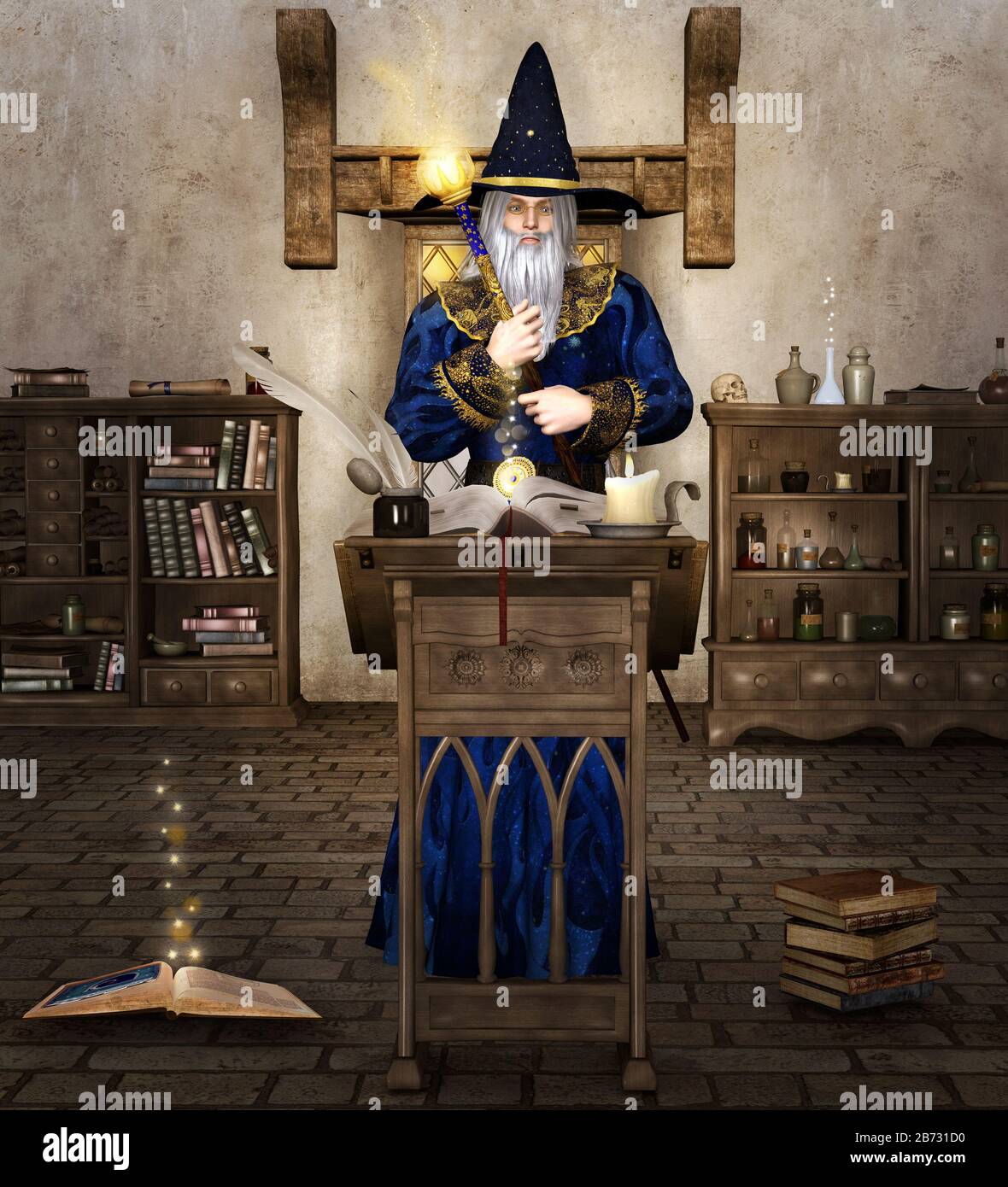 Alter Zauberer bei der Arbeit mit seinem Zauberstab in einer Alchemiekammer Stockfoto