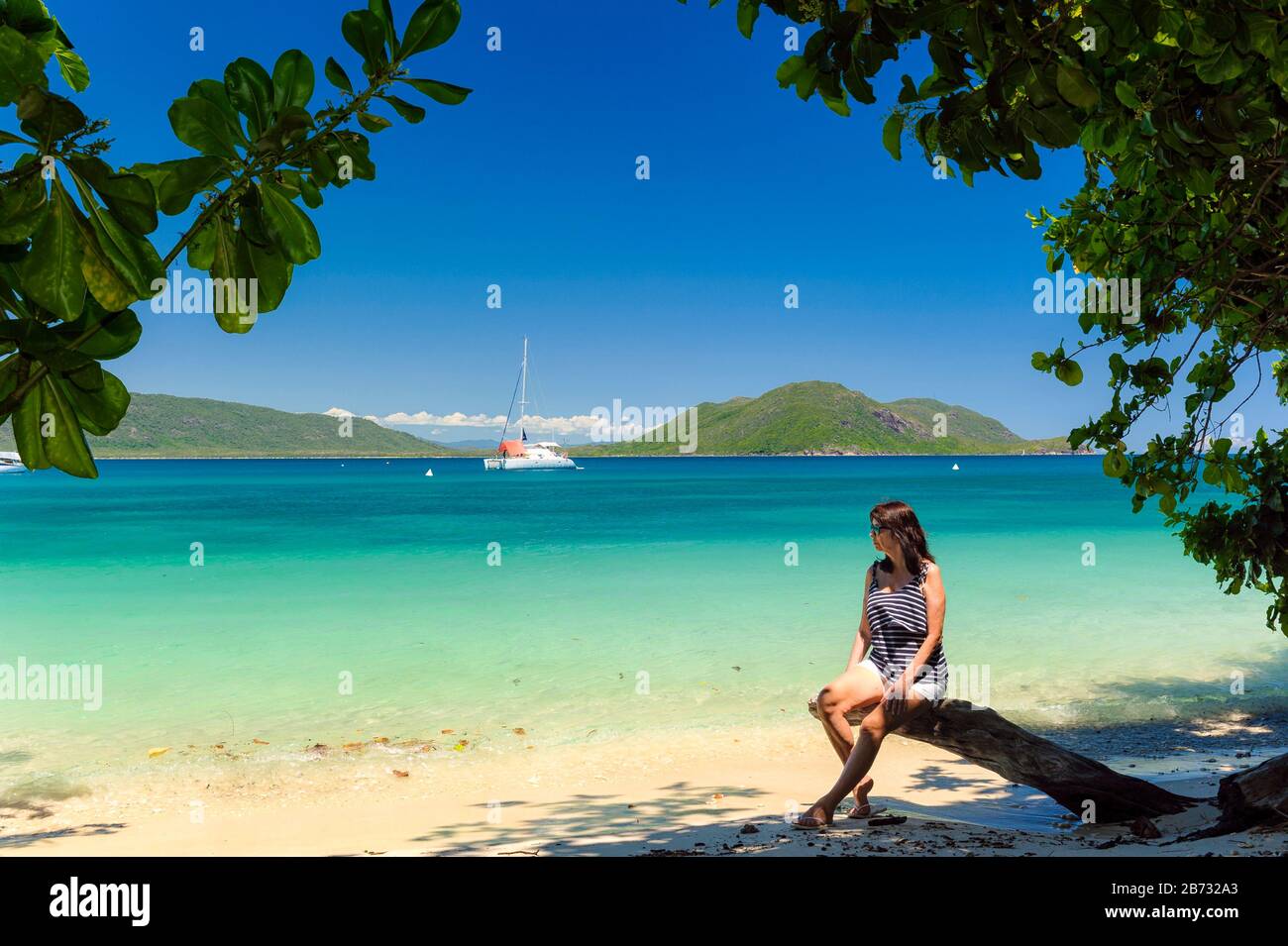 Weiblicher Tourist auf einem umgestürzten Baum am Strand entlang des Strandes mit zurück zum Pazifischen Ozean auf Fitzroy Island, Queensland. Stockfoto