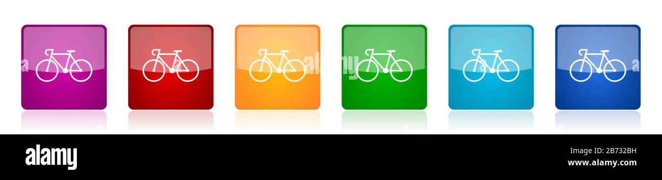 Fahrradsymbole, farbenfrohe, quadratische, glänzende Vektorgrafiken in 6 Optionen für Webdesign und mobile Anwendungen Stock Vektor