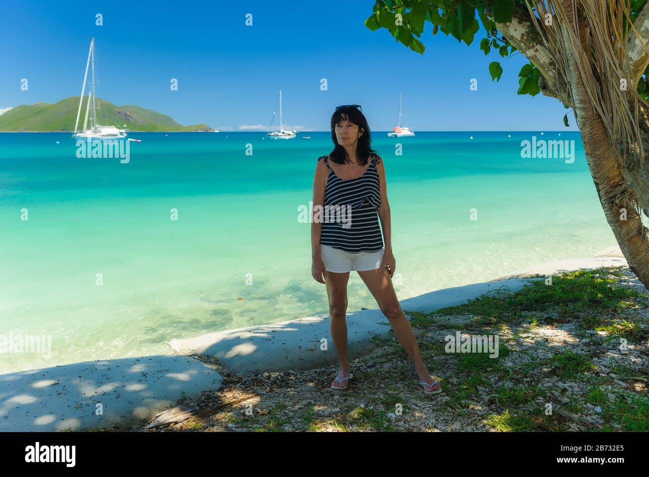 Weiblicher Tourist, der unter einem Baum am Strand steht, der der Kamera mit dem Rücken zum Pazifischen Ozean auf Fitzroy Island, Queensland, zugewandt ist. Stockfoto