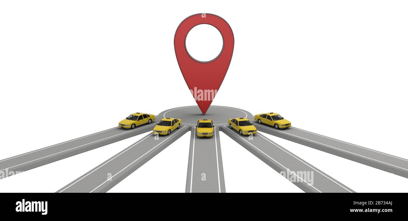 Gruppe von Taxifahrzeugen an einem Kartenpunkt. 3D-Rendering Stockfoto
