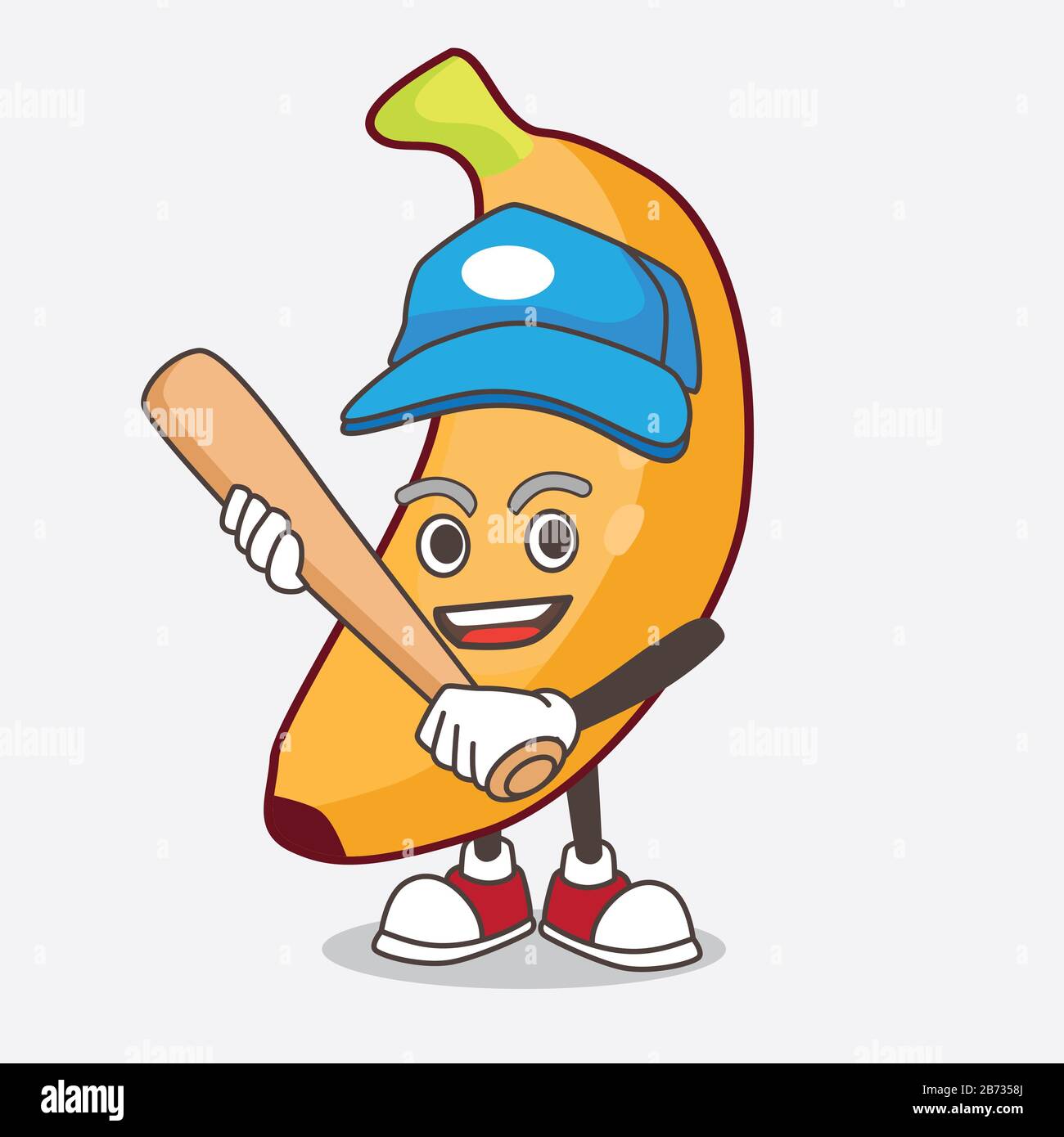 Eine Illustration der Figur des Maskottchens Banana Fruit, der Baseball spielt Stockfoto
