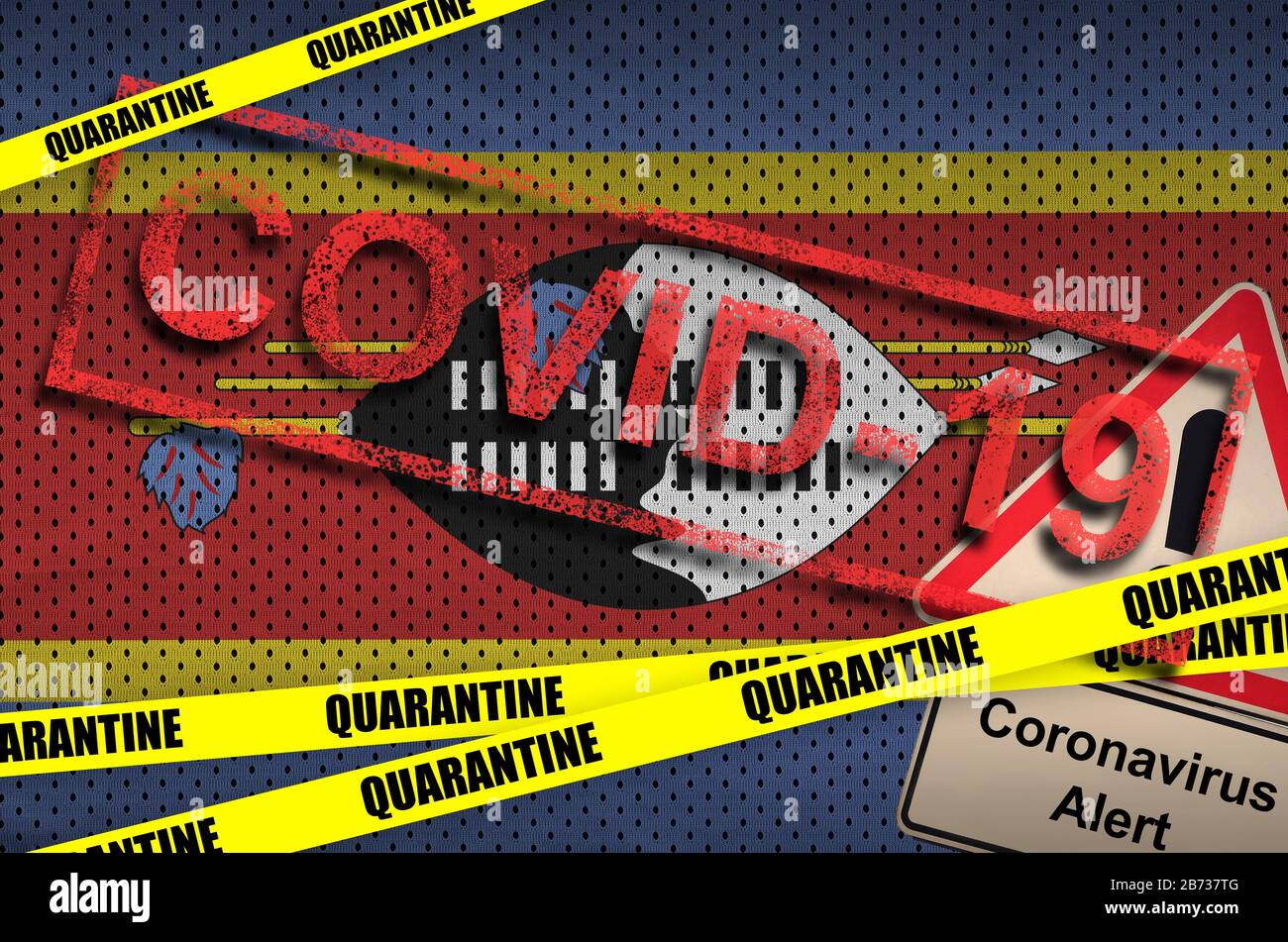 Swasiland Flag und Covid-19 Quarantäne gelbes Band mit rotem Stempel. Coronavirus- oder 2019-nCov-Virus-Konzept Stockfoto