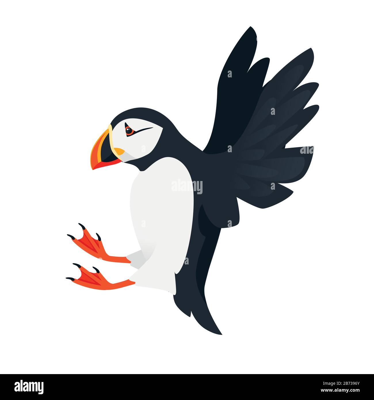 Flying atlantic Puffin Vogel Cartoon Tier Design flache Vektorgrafiken isoliert auf weißem Hintergrund. Stock Vektor