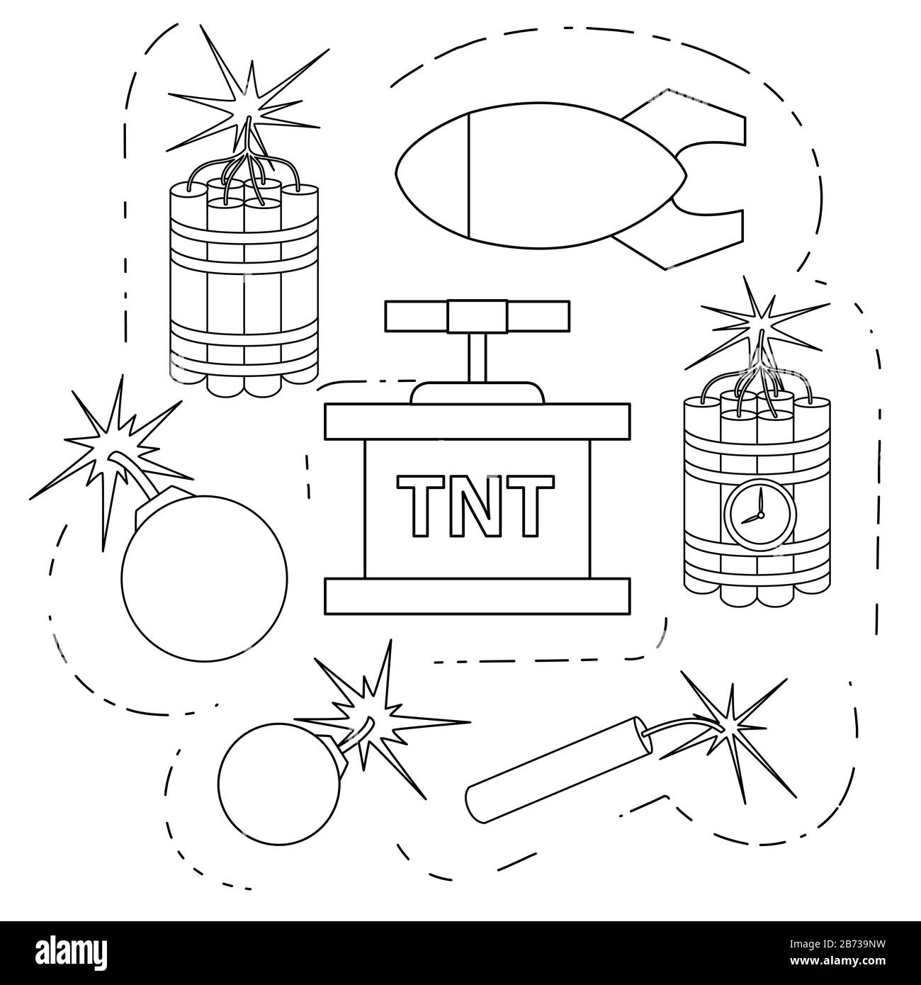 Explosives Retro-Dynamit Set für Mining Outline Icon Collection flache Vektorgrafiken isoliert auf weißem Hintergrund. Stock Vektor