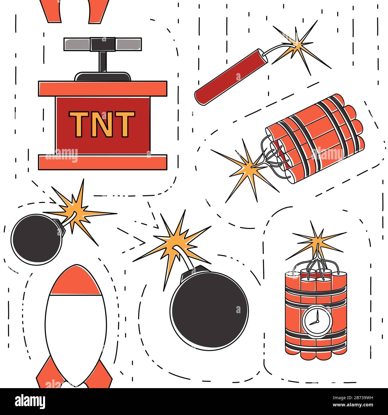 Nahtloses Muster explosiver Retro-Dynamit für die Minierung farbenfroher Icon-Sammlung flache Vektorgrafiken auf weißem Hintergrund. Stock Vektor