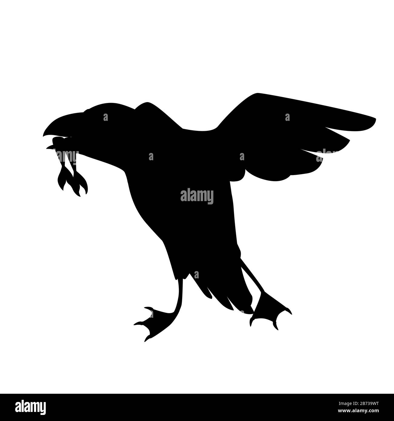 Schwarze Silhouette fliegender atlantischer Puffinvogel mit Fisch in Schnabel-Cartoon Tierdesign flache Vektorgrafiken isoliert auf weißem Hintergrund. Stock Vektor