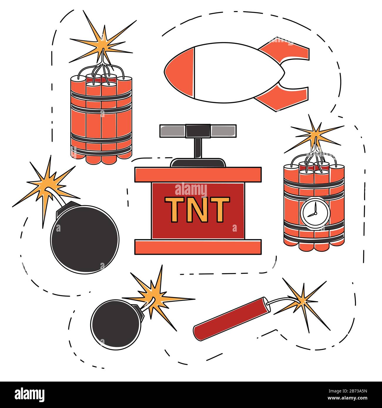 Explosives Retro-Dynamit-Set für den Abbau von bunter Iconsammlung flache Vektorgrafiken isoliert auf weißem Hintergrund. Stock Vektor