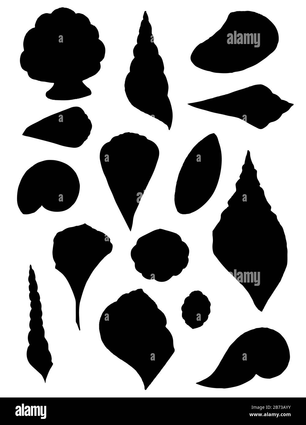 Schwarze Silhouette große verschiedene Seashell Kollektion tropische Schalen flache Vektorgrafiken auf weißem Hintergrund. Stock Vektor