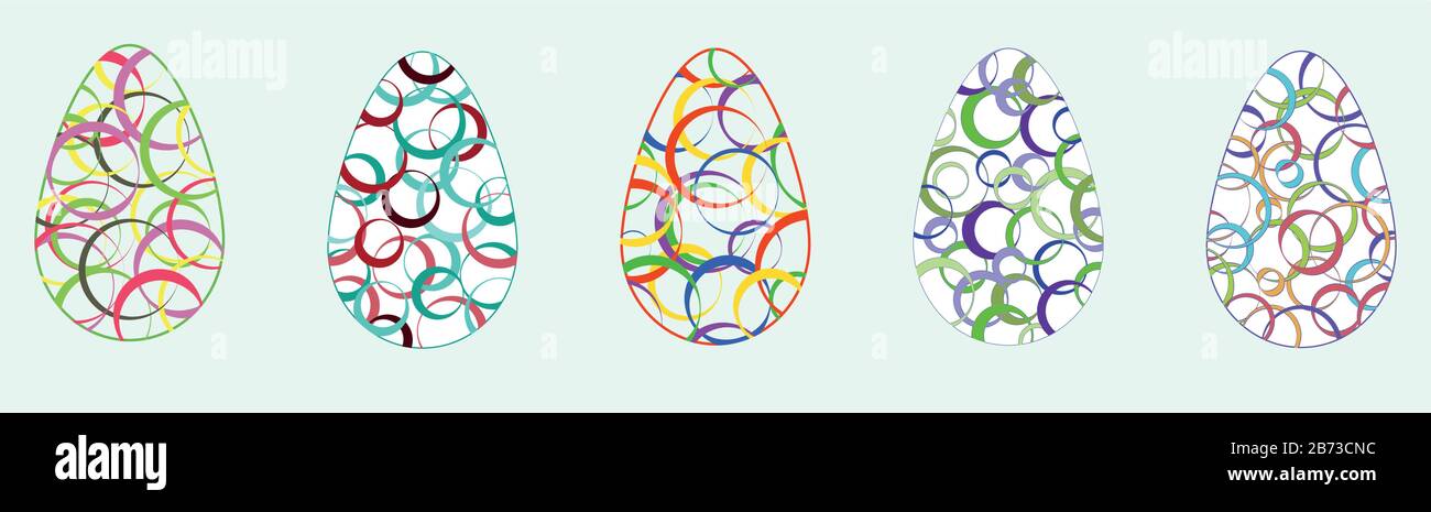 Fünf Konturen von Ostereiern mit Mustern aus mehrfarbigen Ringen unterschiedlicher Form und Größe Stock Vektor