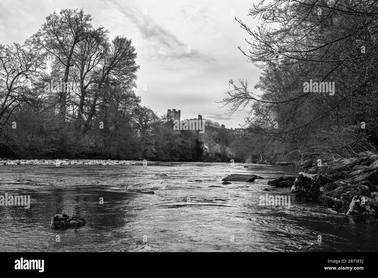 Richmond Castle und der River Swale, von Low Bank Wood, Richmond, North Yorkshire, England, Großbritannien. Schwarzweiß-Version Stockfoto