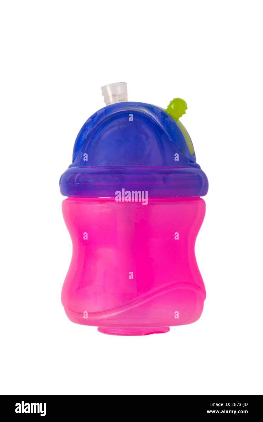 Nuby Flaschenbecher für Kleinkinder Babys Kleinkind auf weißem Hintergrund isoliert - Babyflasche, Babyflasche, Babyflasche Stockfoto