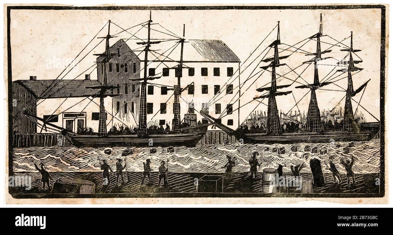 The Boston Tea Party, 16. Dezember 1776, Holzschnittdruck aus dem 18. Jahrhundert, 1773-1776 Stockfoto