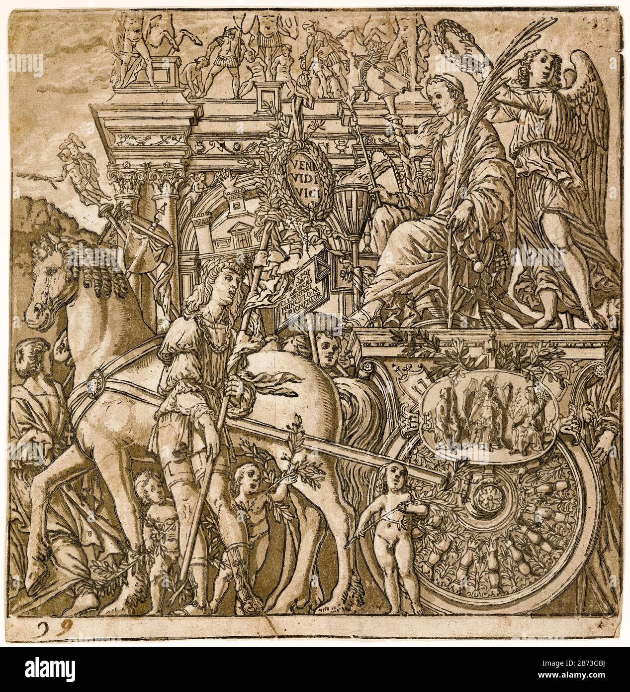 Julius Cäsar saß in seinem Wagen, aus der Serie, Der Triumph von Cäsar, Holzschnittdruck aus dem 16. Jahrhundert, von Andrea Andreani nach Andrea Mantegna, 1599 Stockfoto