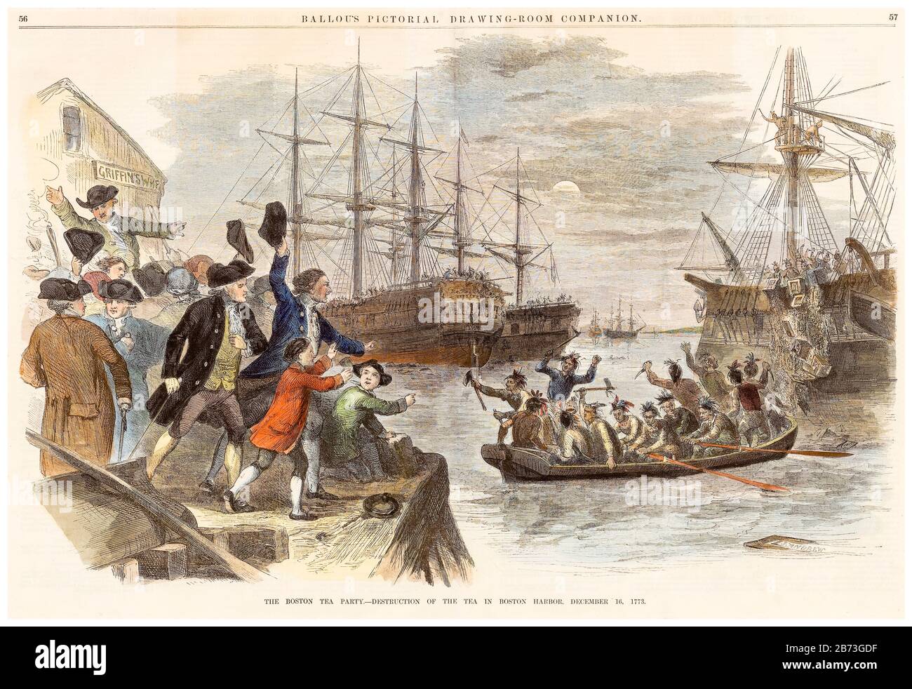 The Boston Tea Party, Destruction of the Tea in Boston Harbor, 16. 1773. Dezember, 19.. Jahrhundert Gravur Illustration von John Andrew, 1856 Stockfoto