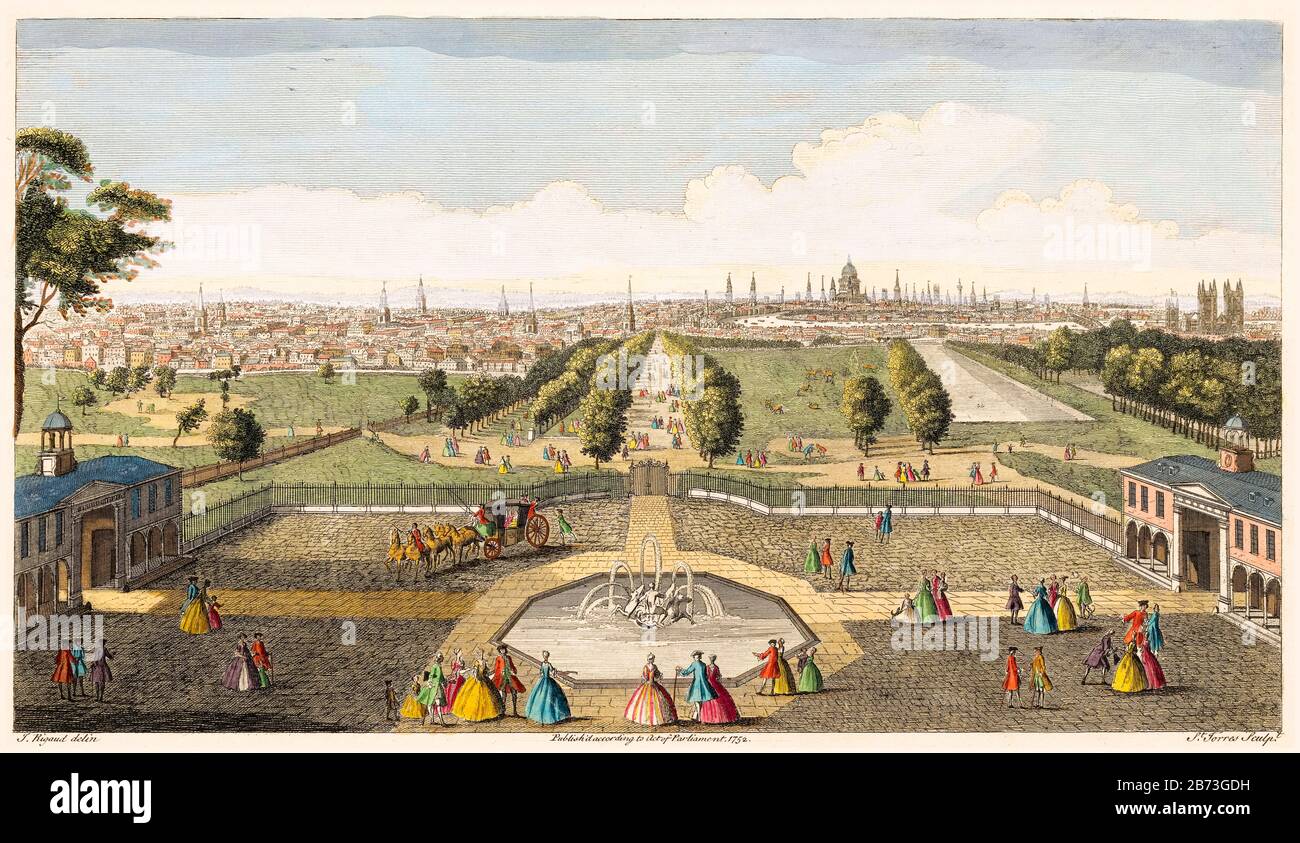 Blick auf den Saint James's Park, London, vom Buckingham Palace, Illustration aus dem 18. Jahrhundert von Jacques Rigaud und Robert Sayer, 1752 Stockfoto