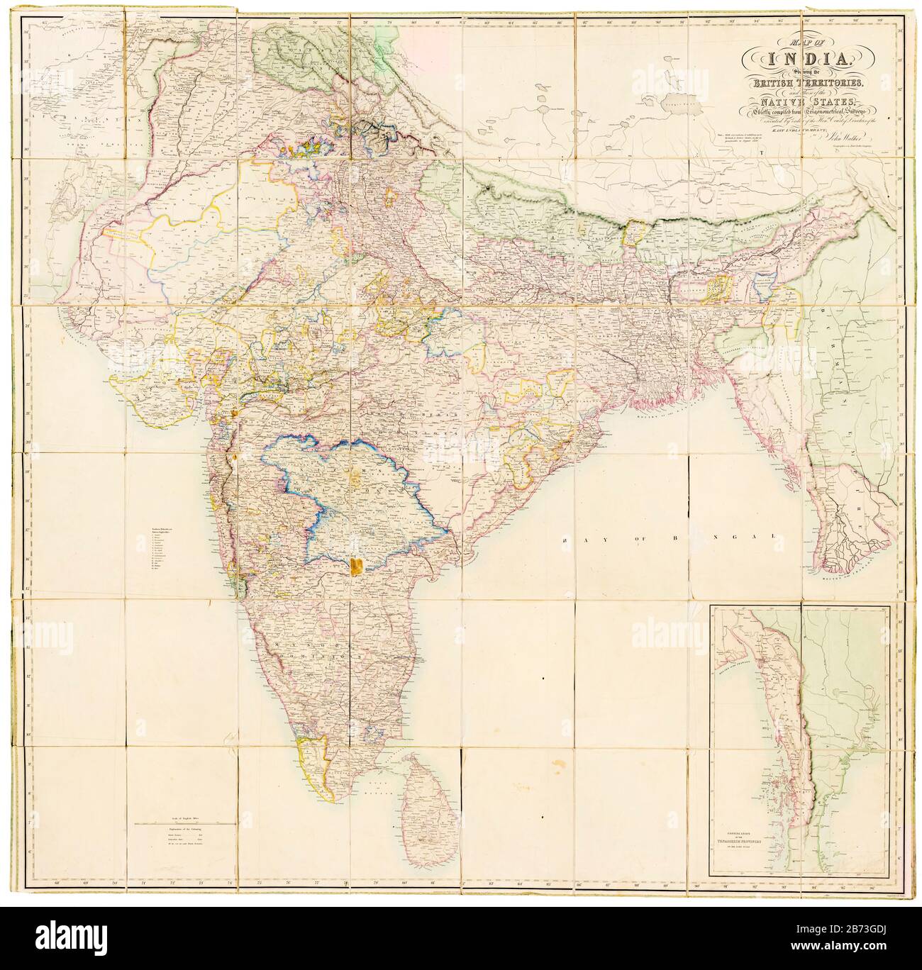 Karte von Indien mit den britischen Territorien und denen der Ureinwohner, Karte aus dem 19. Jahrhundert von John Walker, East India Company, 1856 Stockfoto