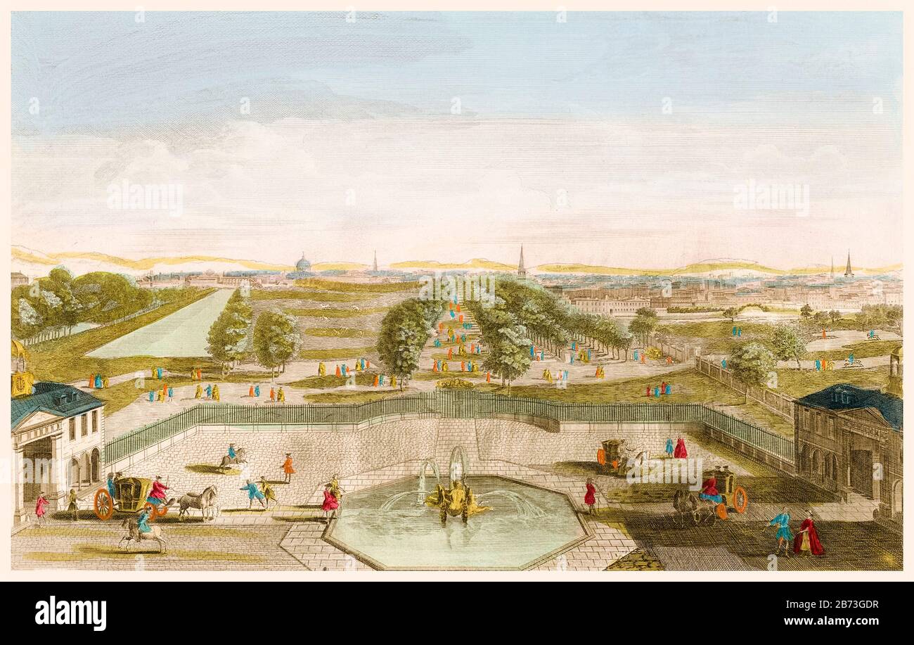 Blick auf den St James's Park, London, vom Buckingham Palace, Abbildung aus dem 18. Jahrhundert, 1700-1799 Stockfoto