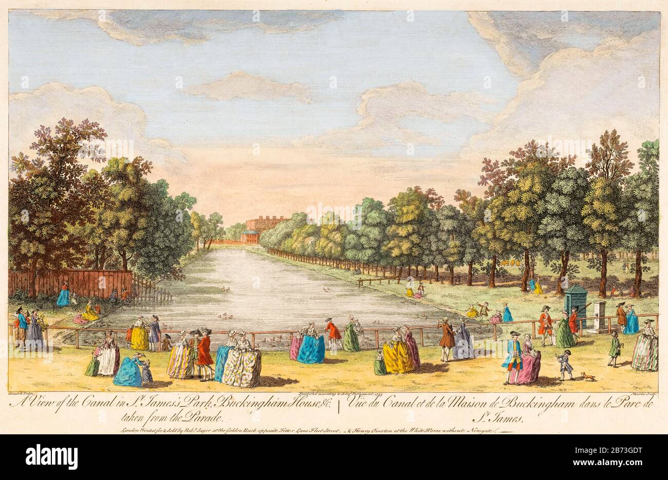 Blick auf den Kanal im St James's Park und Buckingham Palace, London, von Horse Guard's Parade, Abbildung aus dem 18. Jahrhundert von Robert Sayer, nach Canaletto, 1753 Stockfoto