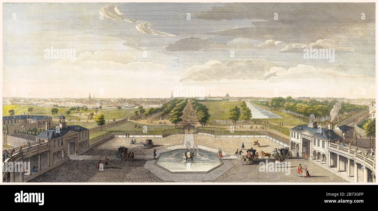 Blick auf den St James's Park vom Buckingham Palace, London, Abbildung aus dem 18. Jahrhundert von Jacques Rigaud, 1736 Stockfoto