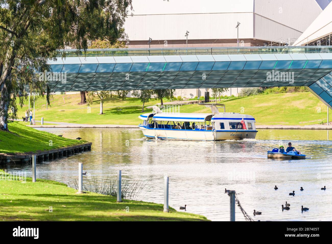 Adelaide, Australien - 4. August 2019: Ikonisches Pop-Eye-Boot mit Menschen an Bord, die an einem Tag am Fluss Torrens im Stadtzentrum von Adelaide segeln Stockfoto