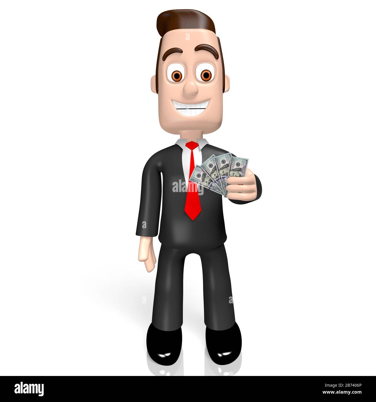 3D-Geschäftsmann hält Geld Stockfoto