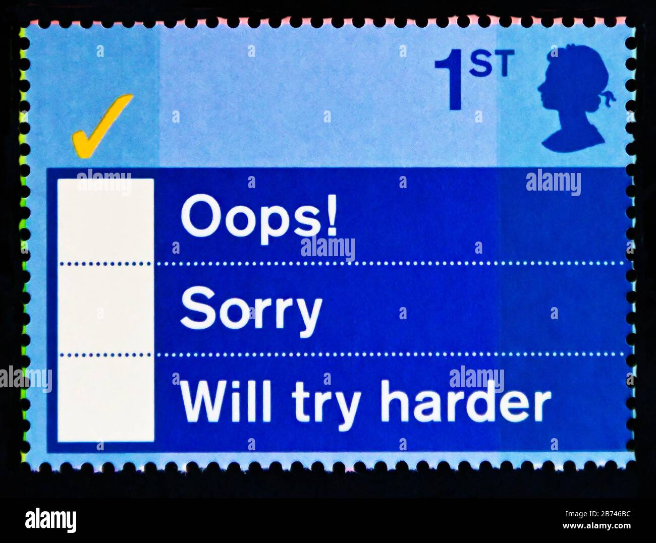 Briefmarke. Großbritannien. Königin Elizabeth II "Anlässe" Grußkarten. "OPS!", "Sorry", "Wird härter versuchen". 1. 2003. Stockfoto