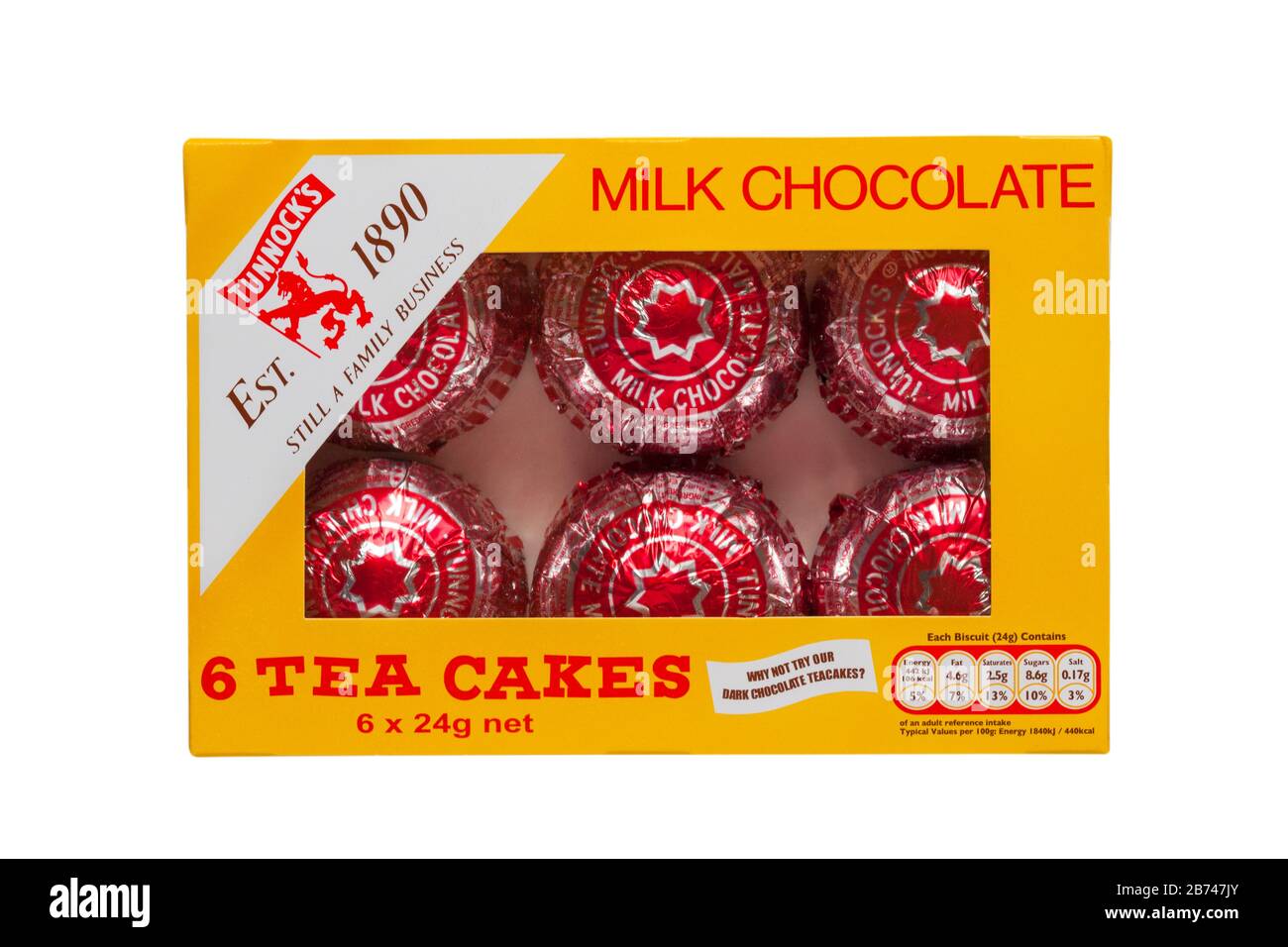 Schachtel aus Tunnocken Milchschokolade 6 Teekuchen isoliert auf weißem Hintergrund Stockfoto