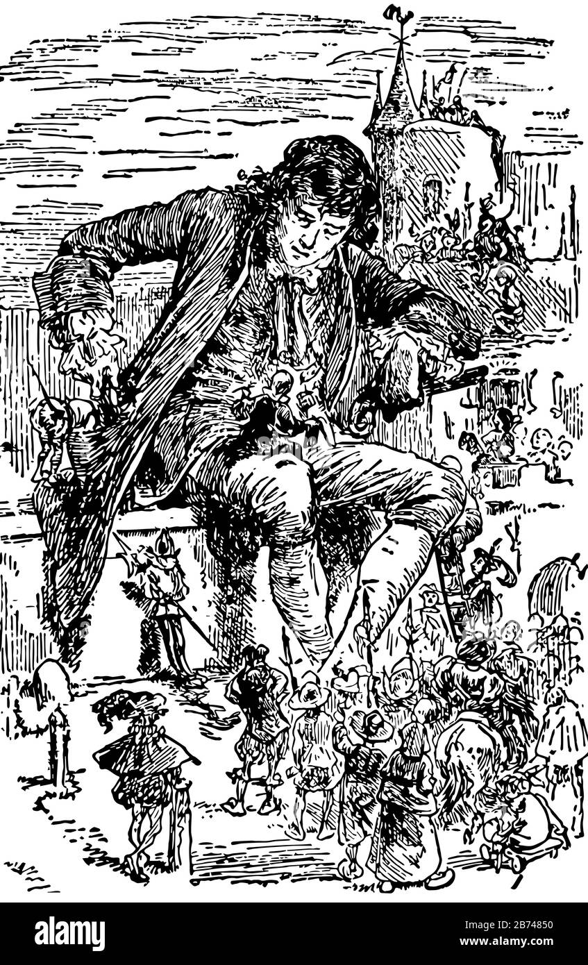 Diese riesige Szene, Die An der Wand Sitzt, zeigt einen riesigen Mann, der an der Wand des Gebäudes sitzt und eine Gruppe kleiner Leute, die Speere und Leiter halten, die um h versammelt sind Stock Vektor