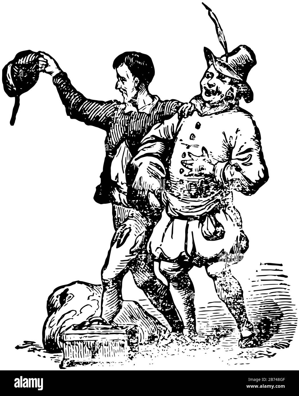 Die neue Kleidung des Imperators, diese Szene zeigt zwei Männer, die miteinander laufen, einen Mann, der Hut in der einen Hand hält und anderen an der Schulter eines anderen Mannes gehalten wird, Stock Vektor