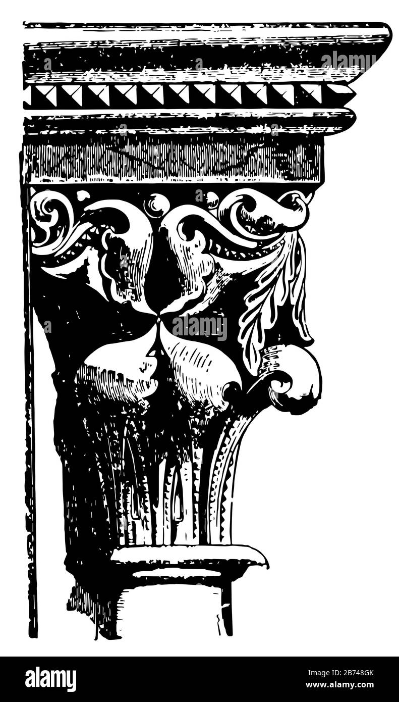 Kapitell, Tarragona, oben, unten, zart, vereint, Kurve, schräg, Seite, Vintage-Linie Zeichnung oder Gravur Illustration. Stock Vektor