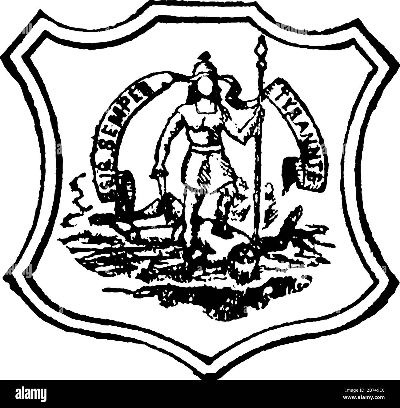 Siegel des commonwealth of Virginia, 1890, dieses Siegel in Schildform hat eine stehende Göttin ihr ein Bein auf einem gefallenen Mann gehalten, einen Speer in ihrem linken ha Stock Vektor