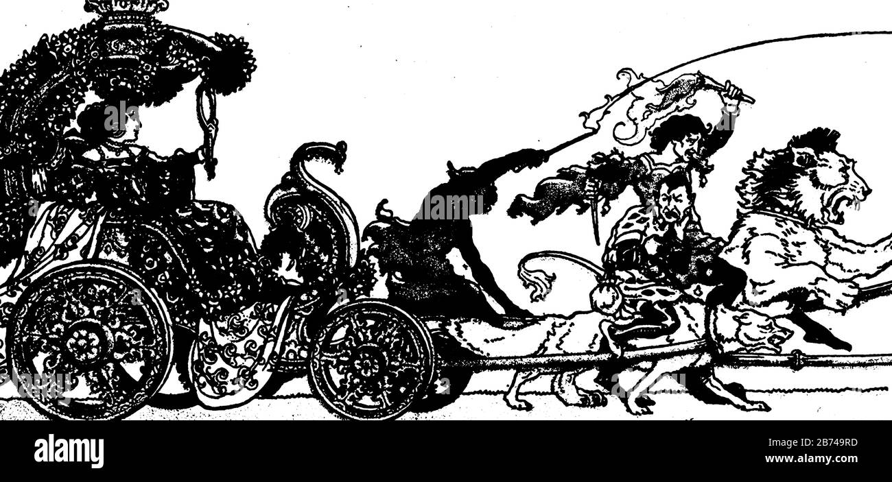 Ein Weibchen, das in Streitwagen sitzt und von einem Tier in den Spiegel schaut, ein Mann, der auf dem Löwen reitet und Feuerstab und Schwert in den Händen hält, Vintage l Stock Vektor