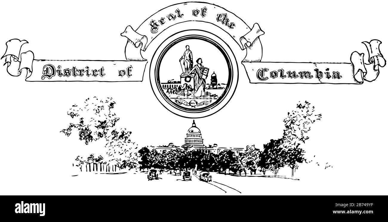 Das Siegel der Vereinigten Staaten des District of Columbia, dieses Siegel hat zwei menschliche Figuren, eine ist wie George Washinton und eine Frau, die einen Kranz in ihrem RI hält Stock Vektor