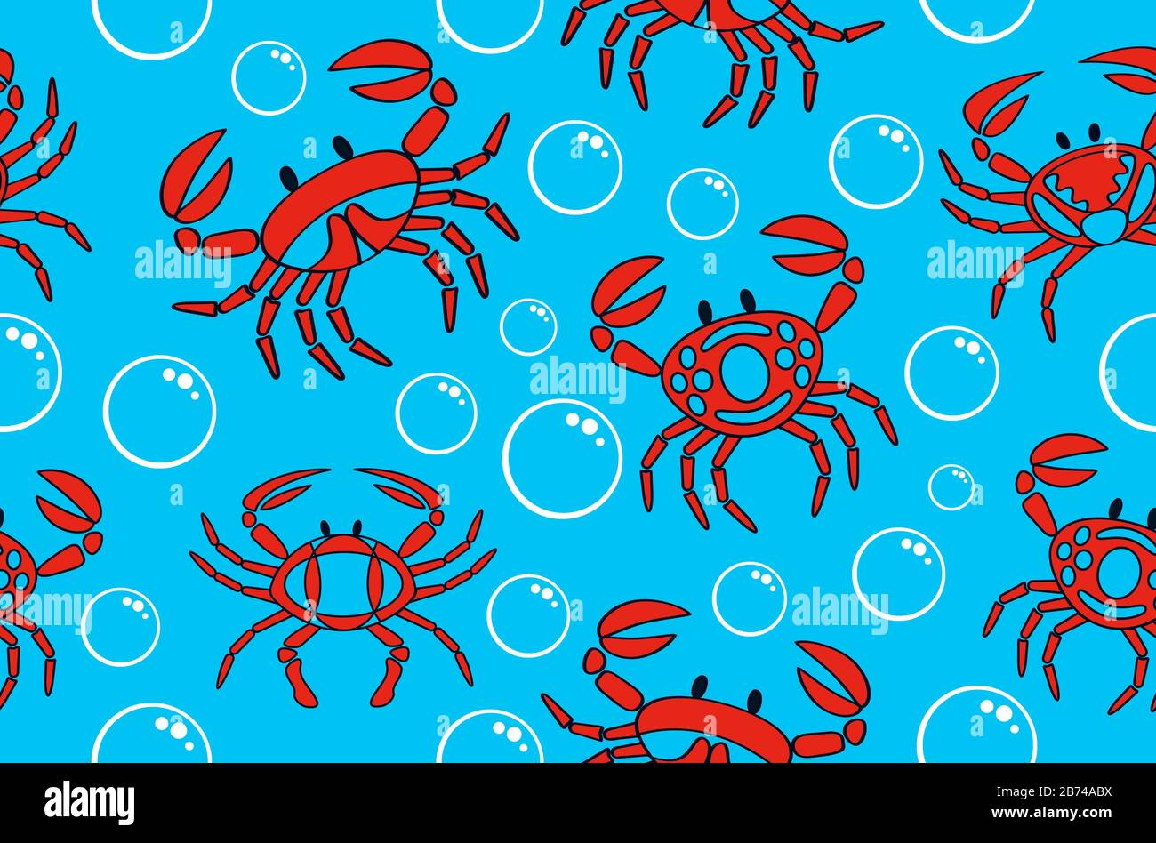 Krabben nahtloses Textilmuster auf Blau mit Luftblasen Stockfoto
