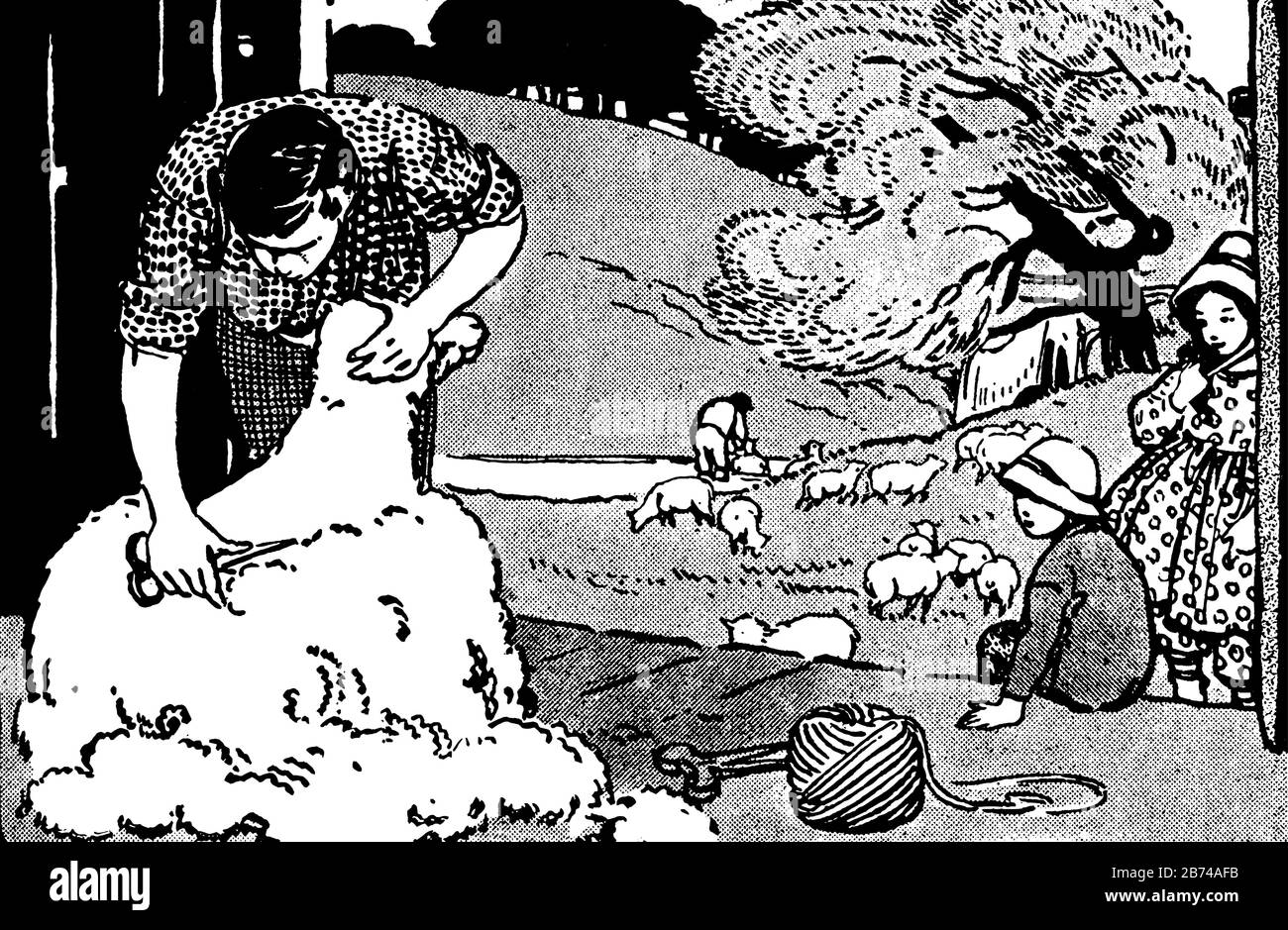 Ein Mann, der mit seizer Schafe scherzt, zwei Kinder, die in seiner Nähe sitzen, eine Gruppe von Schafen und Bäumen im Hintergrund, eine Vintage-Zeichnung oder eine gravurelle Illustration Stock Vektor