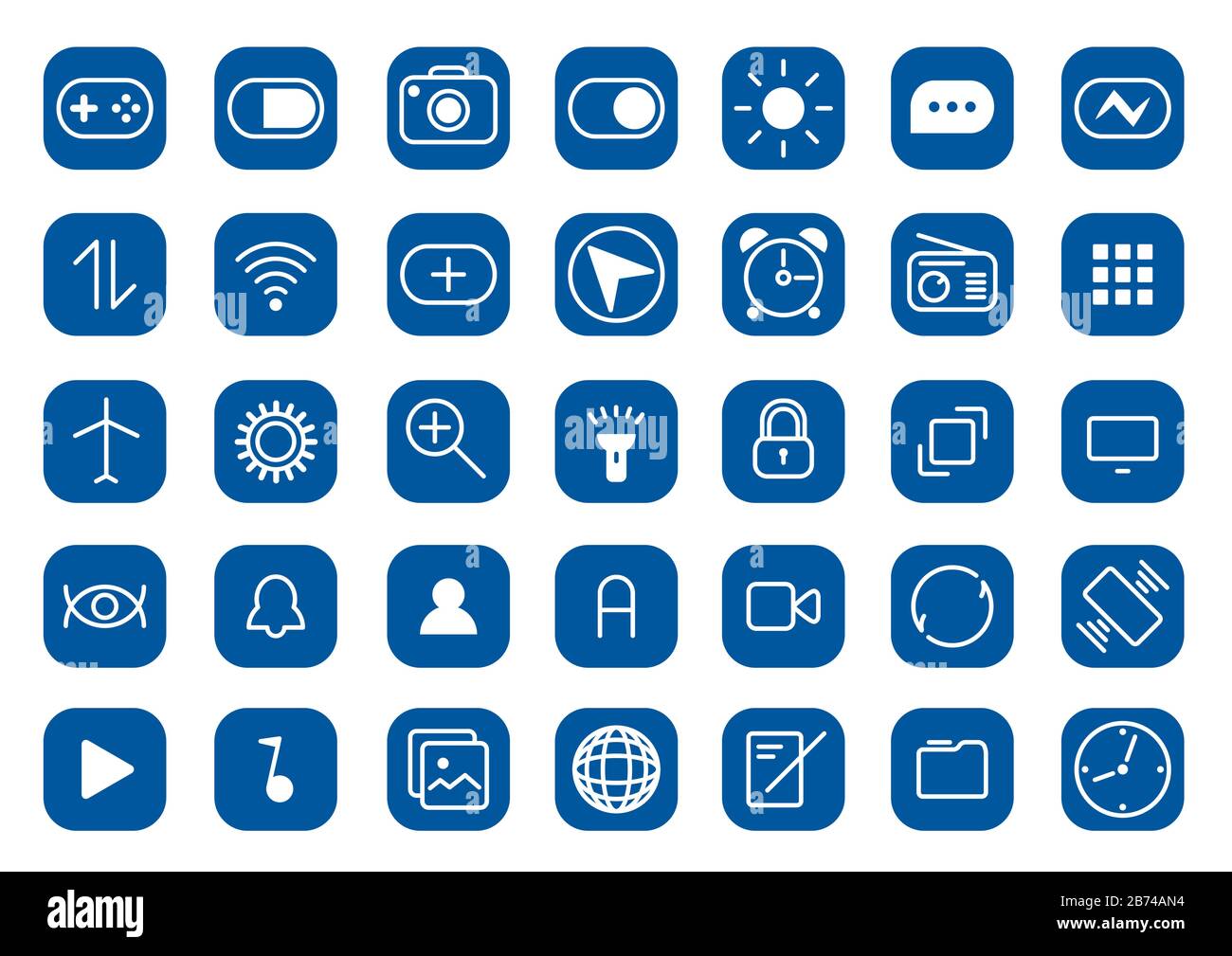 Mobile Symbole in blauen Farben, vereinfachte Symbole auf dem mobilen Smartphone-Bildschirm Stockfoto
