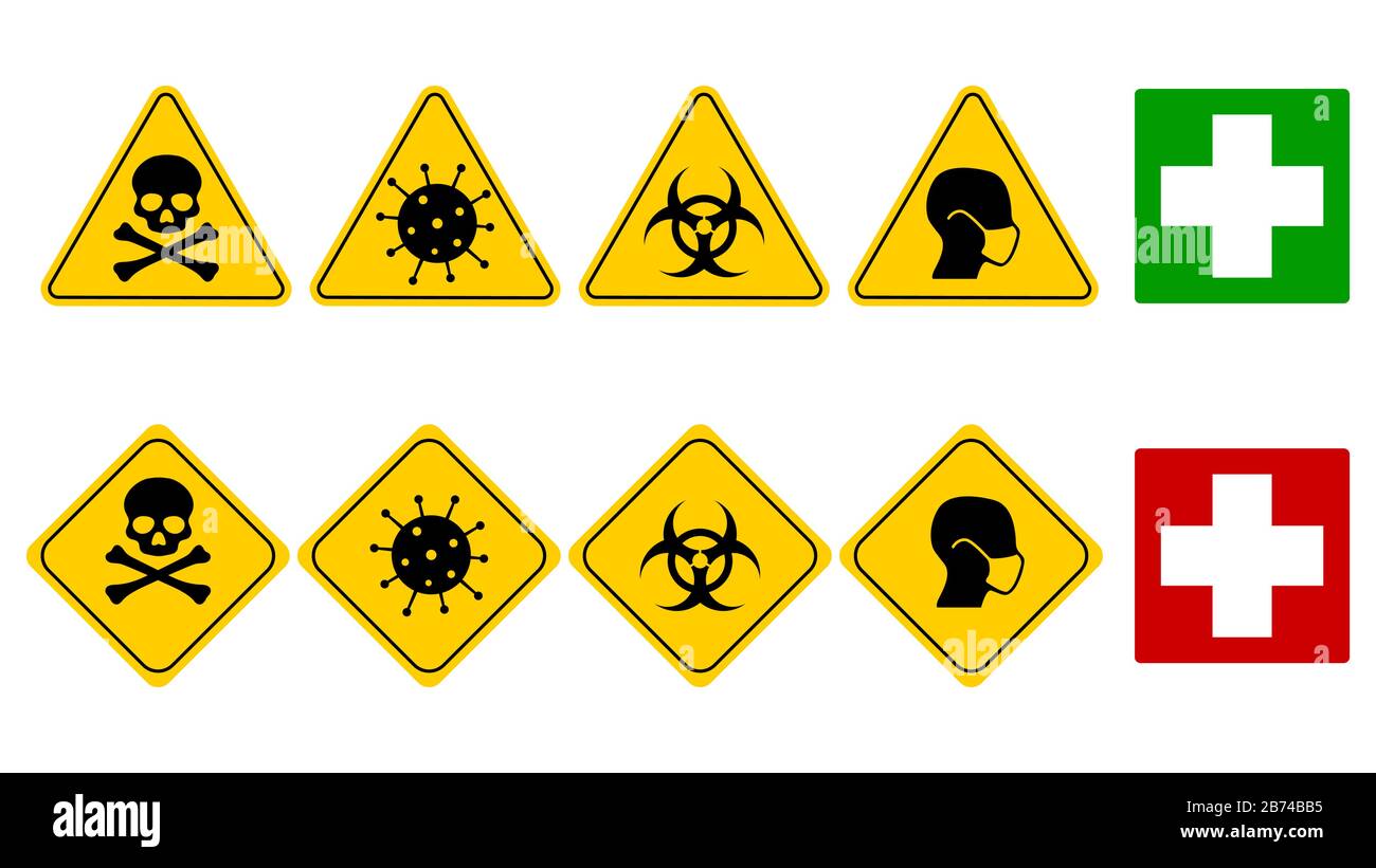 Setzen Sie die Symbole für Coronavirus. Vector Logo flach schwarz. 2019-ncov-Symbol. Gelbes Dreieck und Quadrat. Rote und grüne Querfahne Stock Vektor
