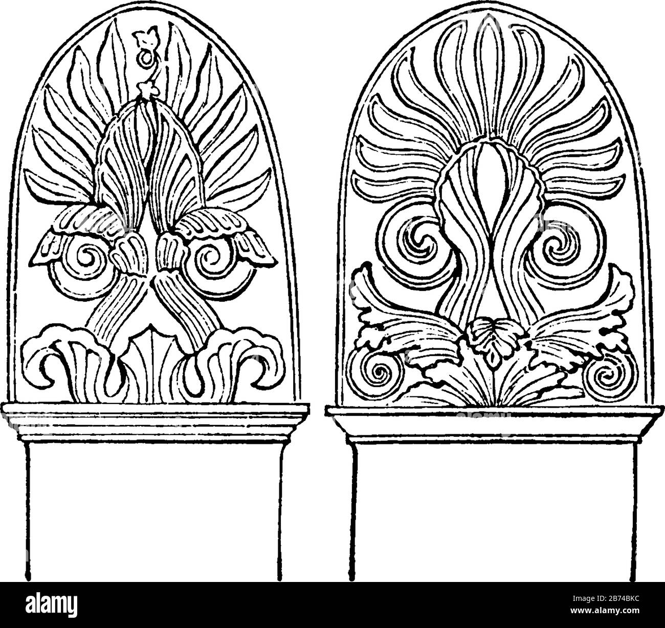 Sepulkral Stelai mit einer Art arabesker Arbeit, häufig ornamentiert, Vintage-Linien-Zeichnung oder Gravurabbildung. Stock Vektor