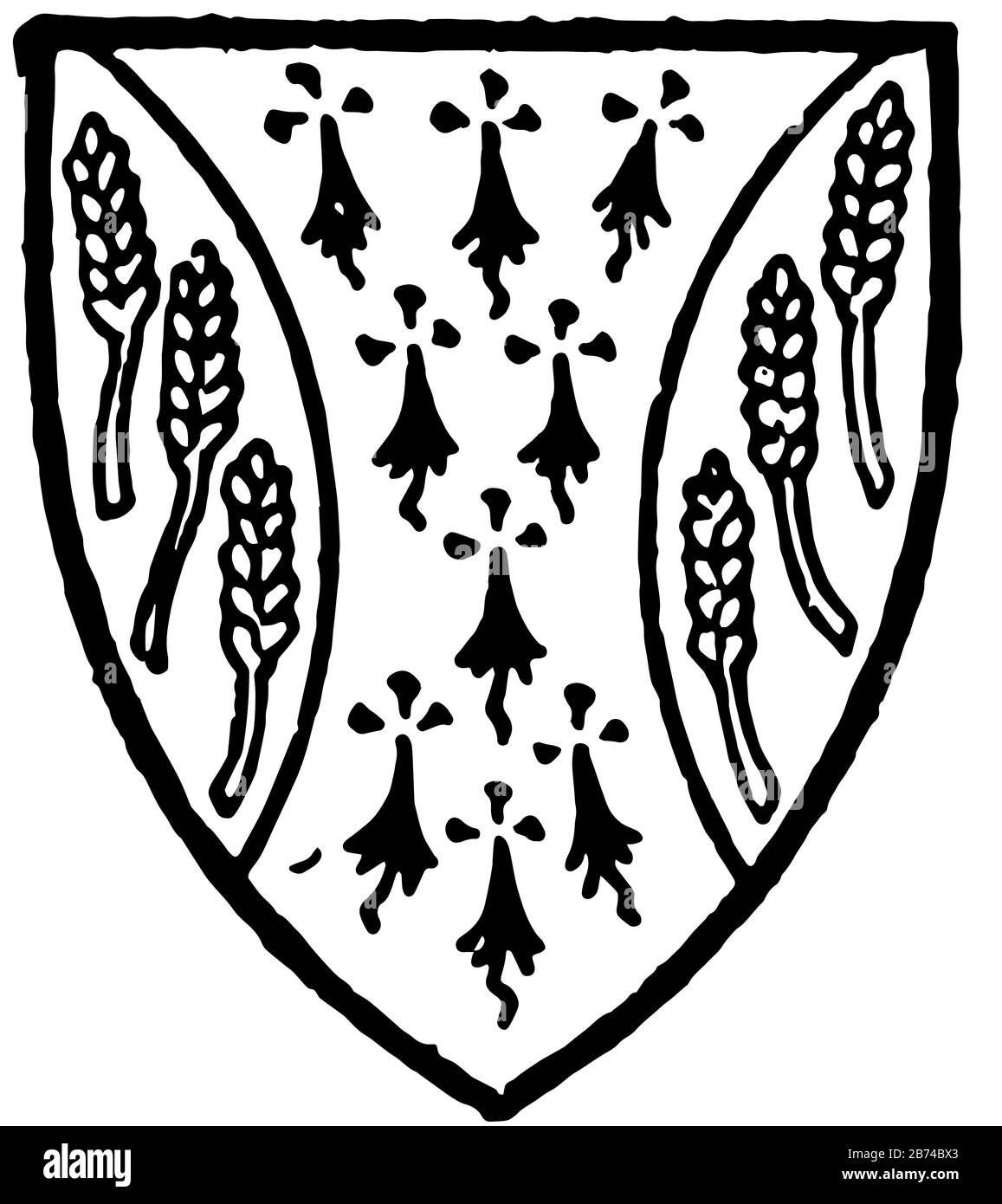 Grayby sind Ermine zwei Flaunches azurblau mit sechs goldenen Weizenähren, Vintage-Linie-Zeichnung oder Gravier-Illustration. Stock Vektor