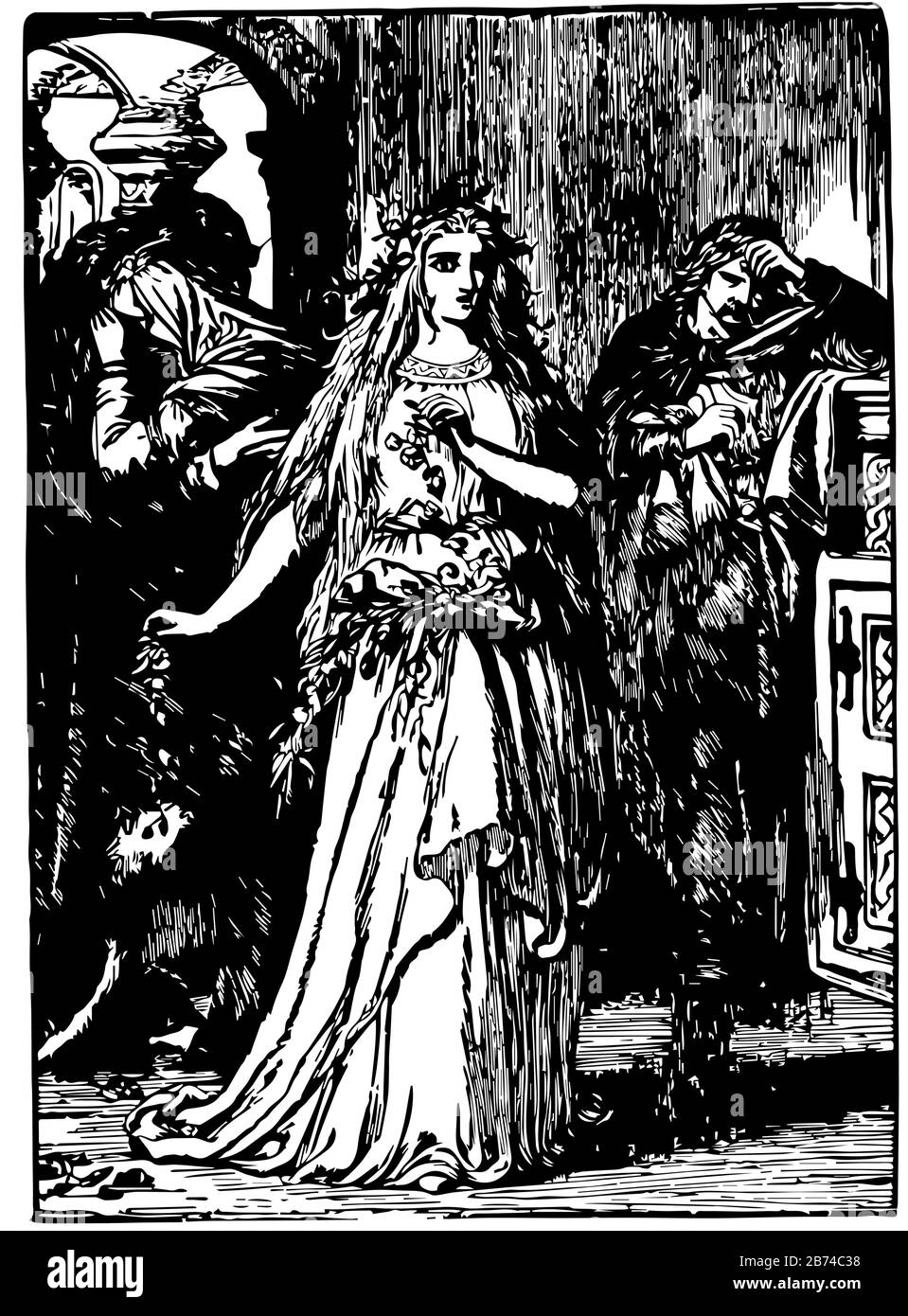 The Mad Ophelia, diese Szene zeigt, dass eine Dame steht und Blumen in der Hand hält, und ein Mann, der hinter ihr steht, hielt seine Hand auf Kopf, Vintage-Linie Stock Vektor