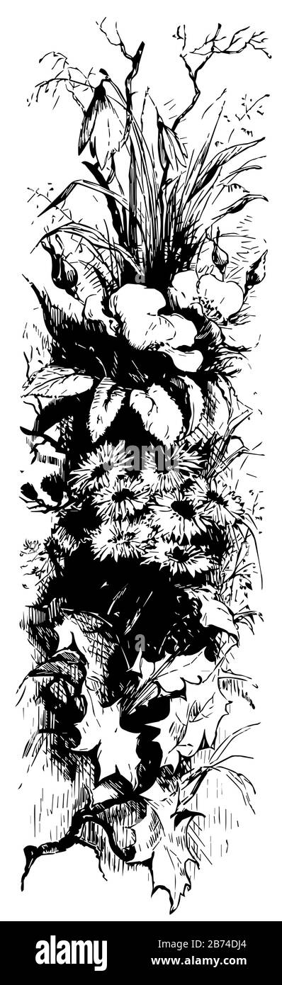 Blumen in Baum in diesem Design, Vintage-Linien-Zeichnung oder Gravier-Illustration. Stock Vektor