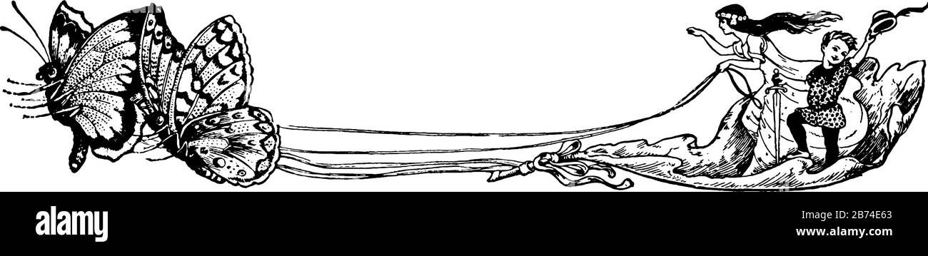 Eine Dame und ein kleiner Mann auf Blättern, die in der Luft fliegen, die von Schmetterlingen gezogen wird, durch Vintage-Linien-Zeichnung oder Gravier-Illustration Stock Vektor