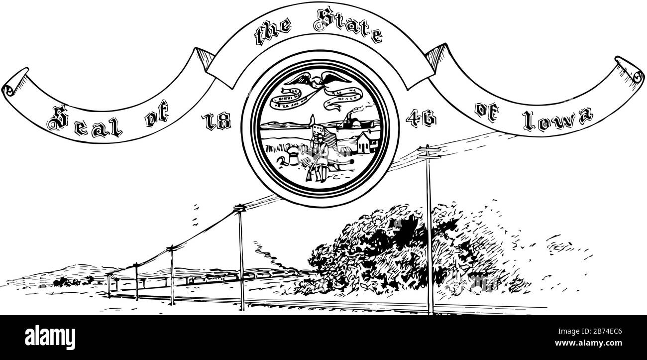 Das Siegel der Vereinigten Staaten von Iowa im Jahr 1846, ein Soldat, der in einem Weizenfeld steht, das von Landwirtschaft, Bergbau und Transport umgeben ist, mit dem Fluss in Rücken Stock Vektor