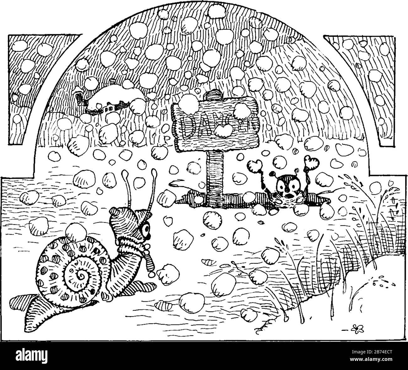 Eine Schnecke, die versucht, ein im Schnee steckendes Insekt zu retten, GEFAHR wird an Bord, Vintage-Zeichnung oder Gravurdarstellung geschrieben Stock Vektor